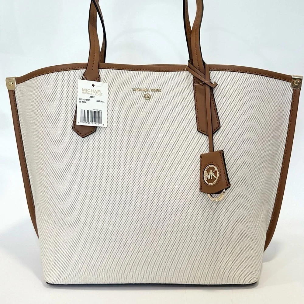 Michael Kors Jane Large Canvas Tote Carryall Bag in Natural